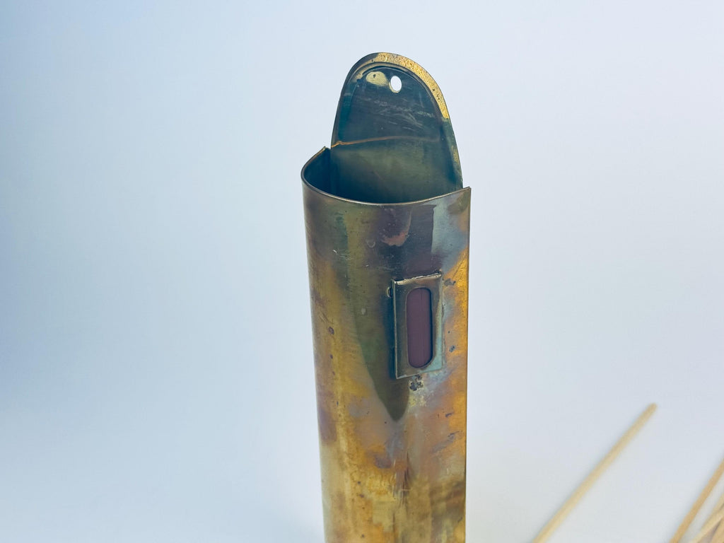 Product image for 'vintage brass match holder side strike pocket attractive aged metal patina' (view c89081)