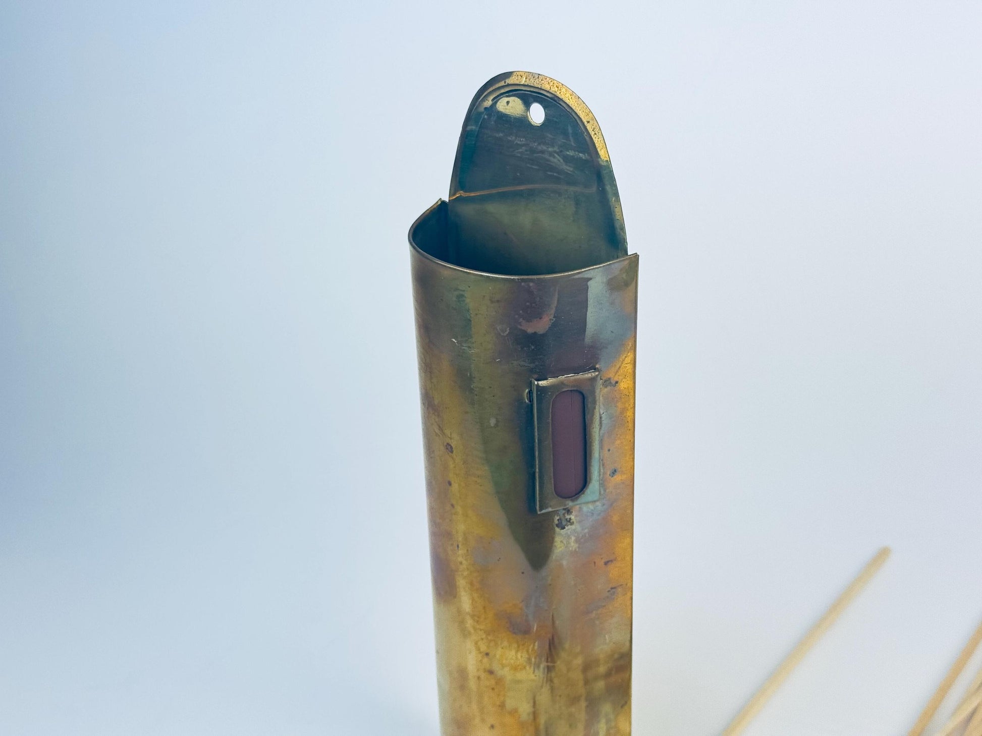Product image for 'vintage brass match holder side strike pocket attractive aged metal patina' (view c89081)