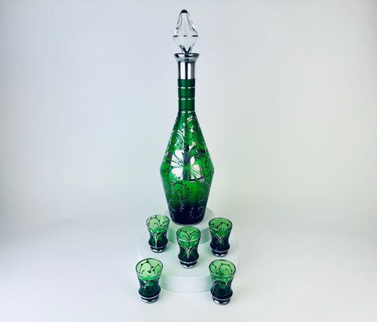 Product image for 'vintage emerald green silver floral scroll overlay barware set glass decanter five 5 cordial glasses' (view aafe05)