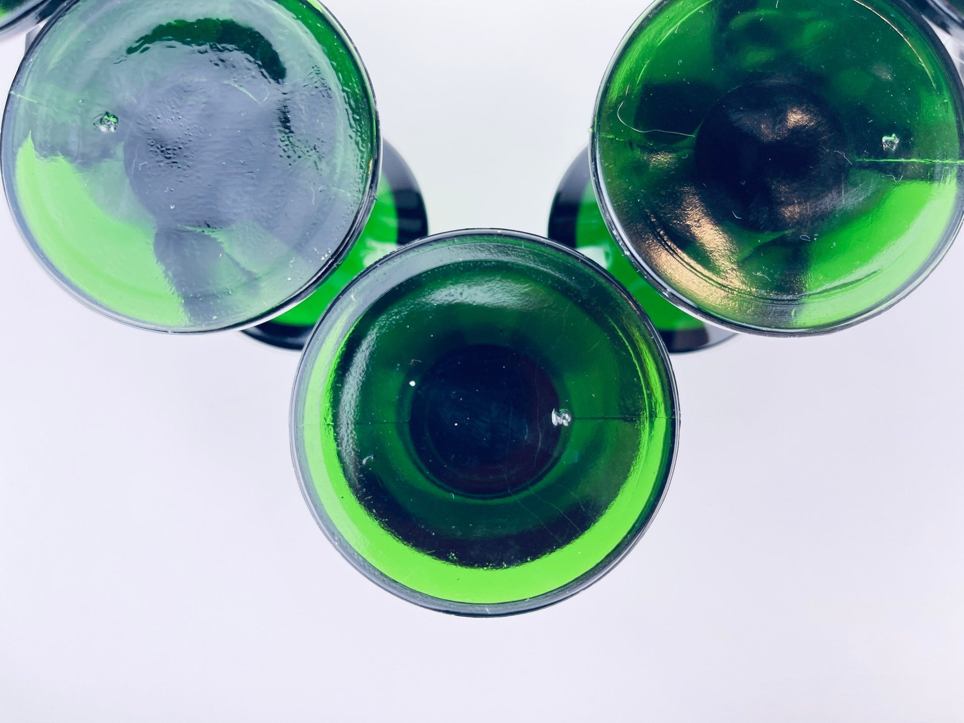 Product image for 'vintage 1970s mid century emerald green dom cafe glasses heavy pressed glass set of 6 liqueur wine goblets' (view e1d1f3)