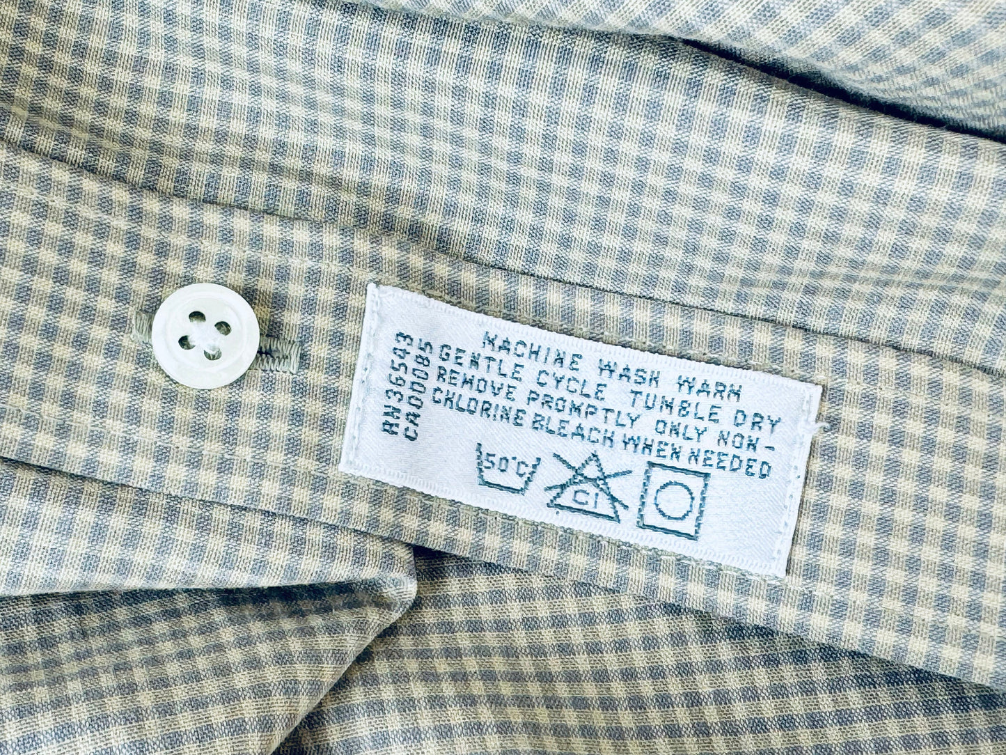 Product image for 'vintage geoffrey beene long sleeve button down green grey gingham shirt size 17 32 33 large made in hong kong' (view 9d6c68)