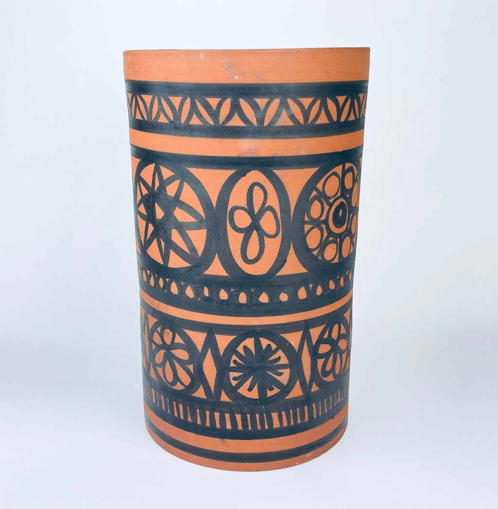 Product image for 'vintage wattisfield ware suffolk terracotta pottery widemouth vase hand painted mid century modern pattern made in england' (view 0c2c95)