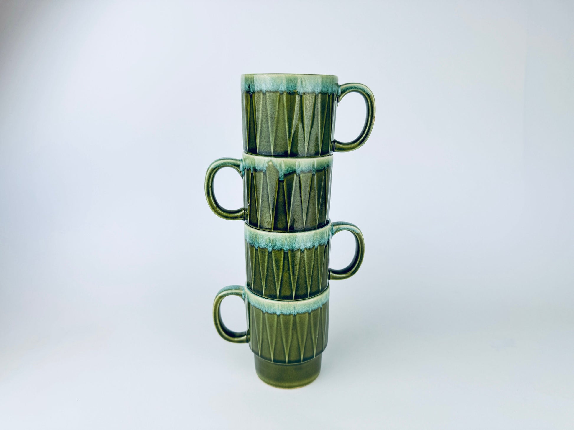 Product image for 'vintage green beige geometric drip glazed ceramic coffee tea mugs set of four 4 sets sold separately made in japan' (view bfdf1d)