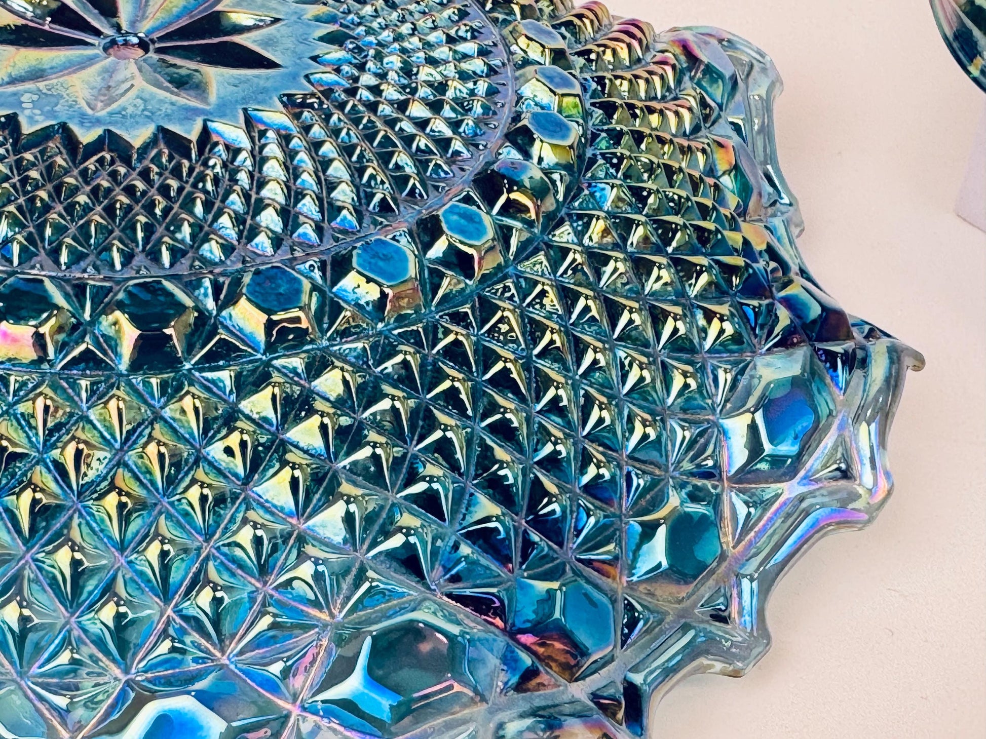 Product image for 'vintage collectible carnival glass peacock blue marigold smoke grey colour sold separately' (view 616316)