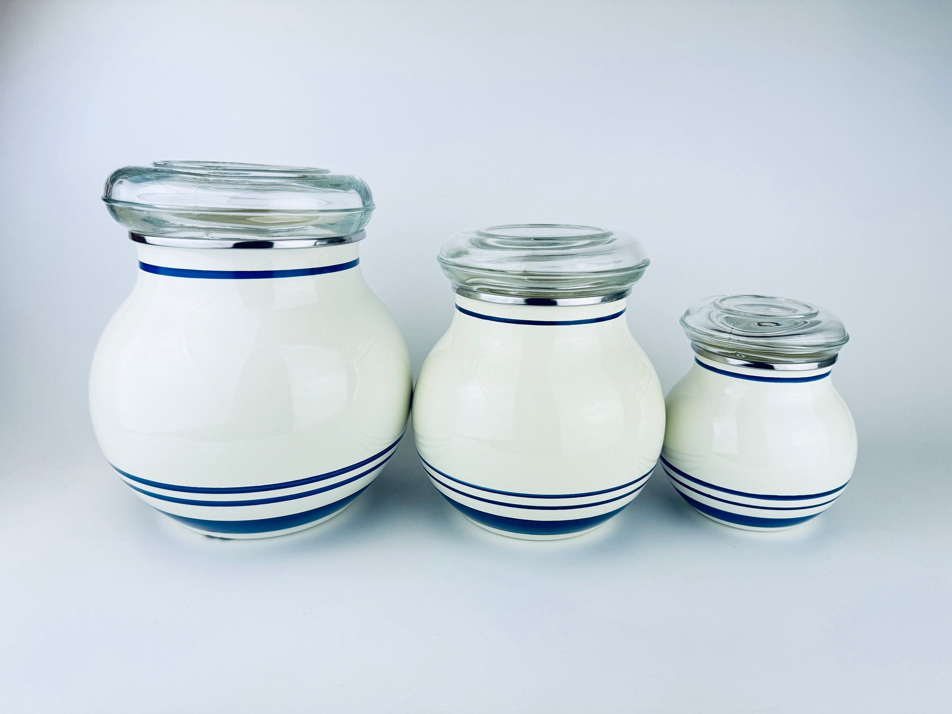 Product image for 'vintage ikea beige blue striped enamelled metal round airtight countertop canister set set of three 3' (view 23c926)