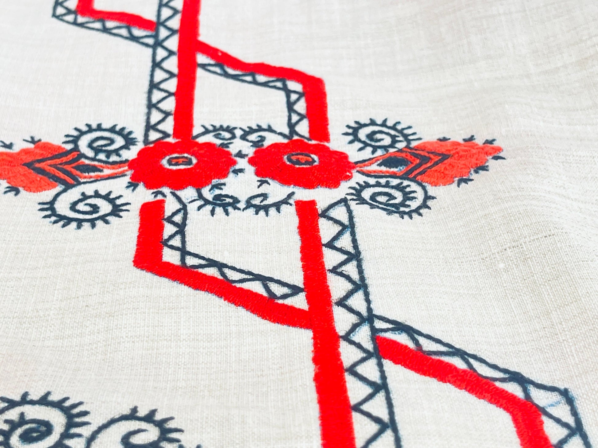 Product image for 'vintage embroidered table runner linen red black floral red stitch fringe' (view 0046d3)