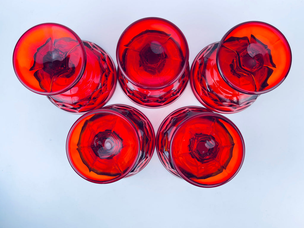 Product image for 'vintage ruby red heavy pressed glass dessert champagne glassware set of five 5 perspective by noritake made in japan' (view 0eab95)