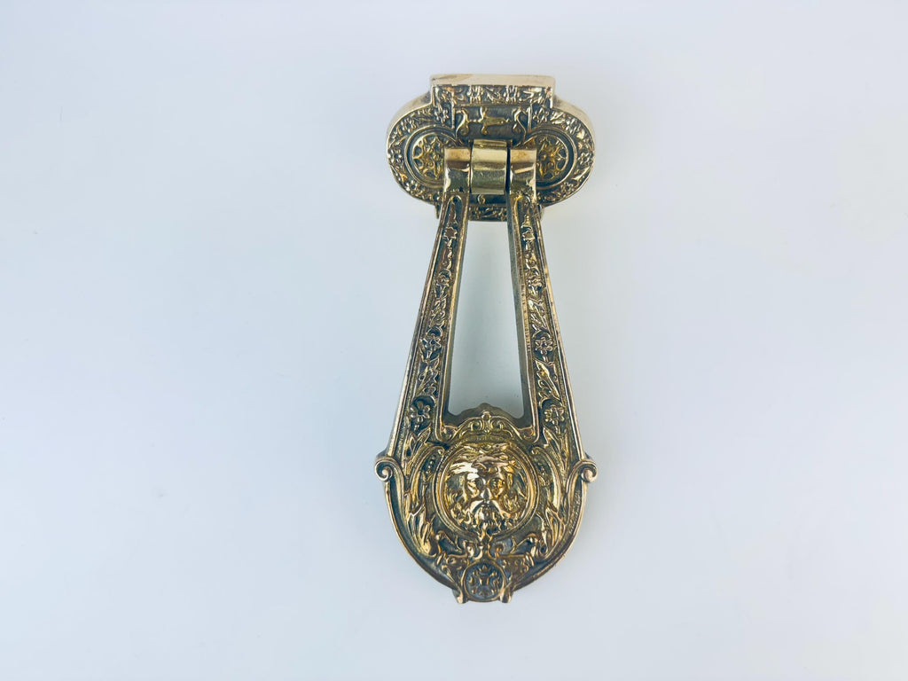 Product image for 'antique english neoclassical brass door knocker classical lyre design with floral and central figure' (view a0c25b)