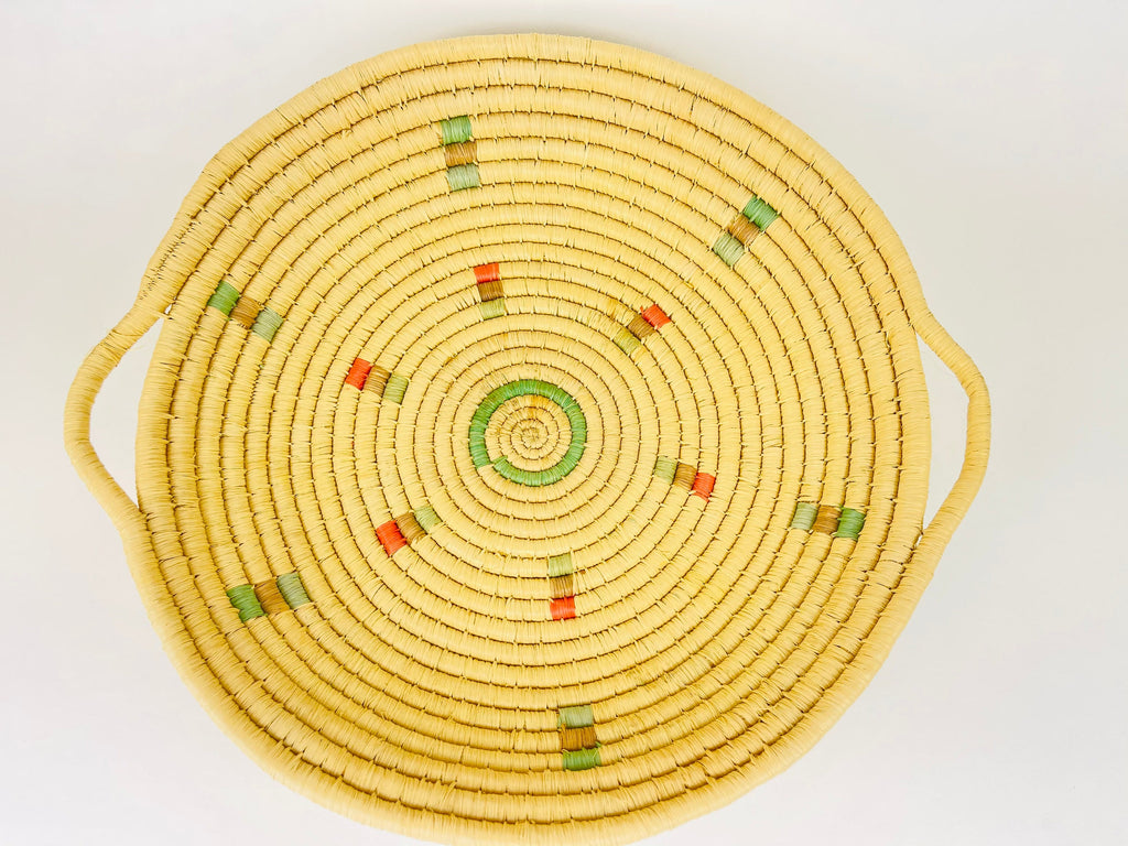 Product image for 'vintage 1990s pastel boho woven rattan bowl handled basket tray pink green blue' (view 8f93a5)