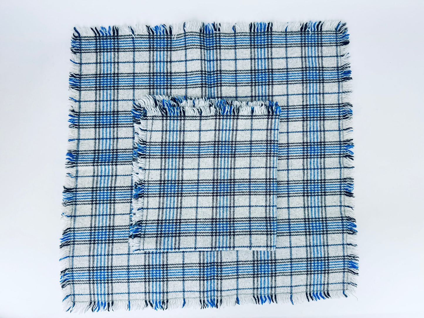 Product image for 'vintage black blue plaid grey wool fringe square place mats set of two 2' (view f3ff99)