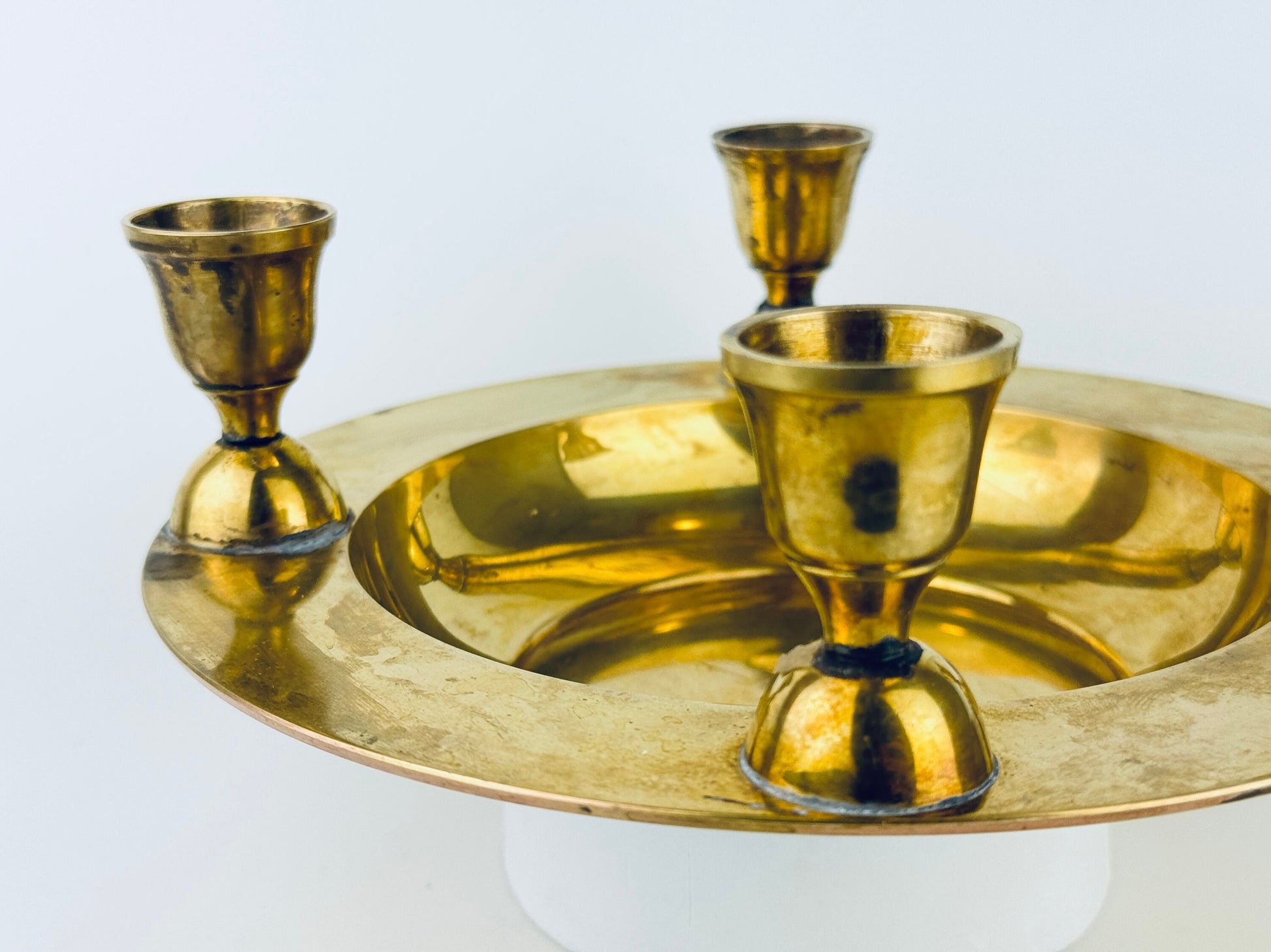 Product image for 'vintage round brass bowl multi candle stick holder centrepiece attractive aged metal patina' (view 11209f)