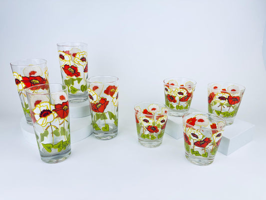 Product image for 'vintage 1970s bright poppy floral glasses by dominion glass co canadian mid century drinkware' (view 006c26)