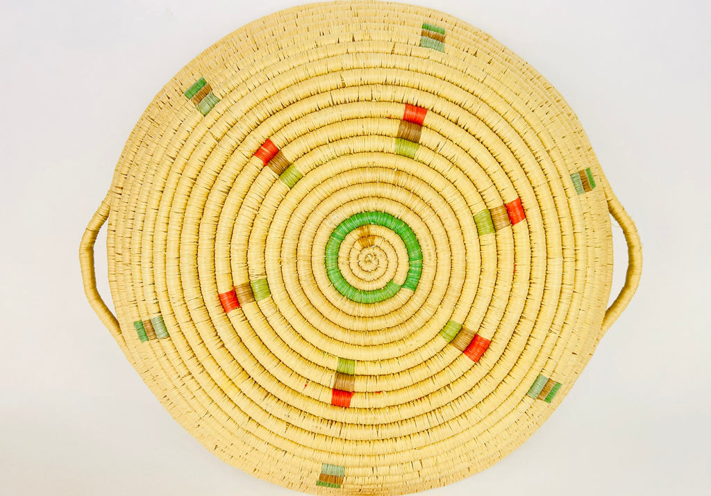 Product image for 'vintage 1990s pastel boho woven rattan bowl handled basket tray pink green blue' (view a0fd3a)