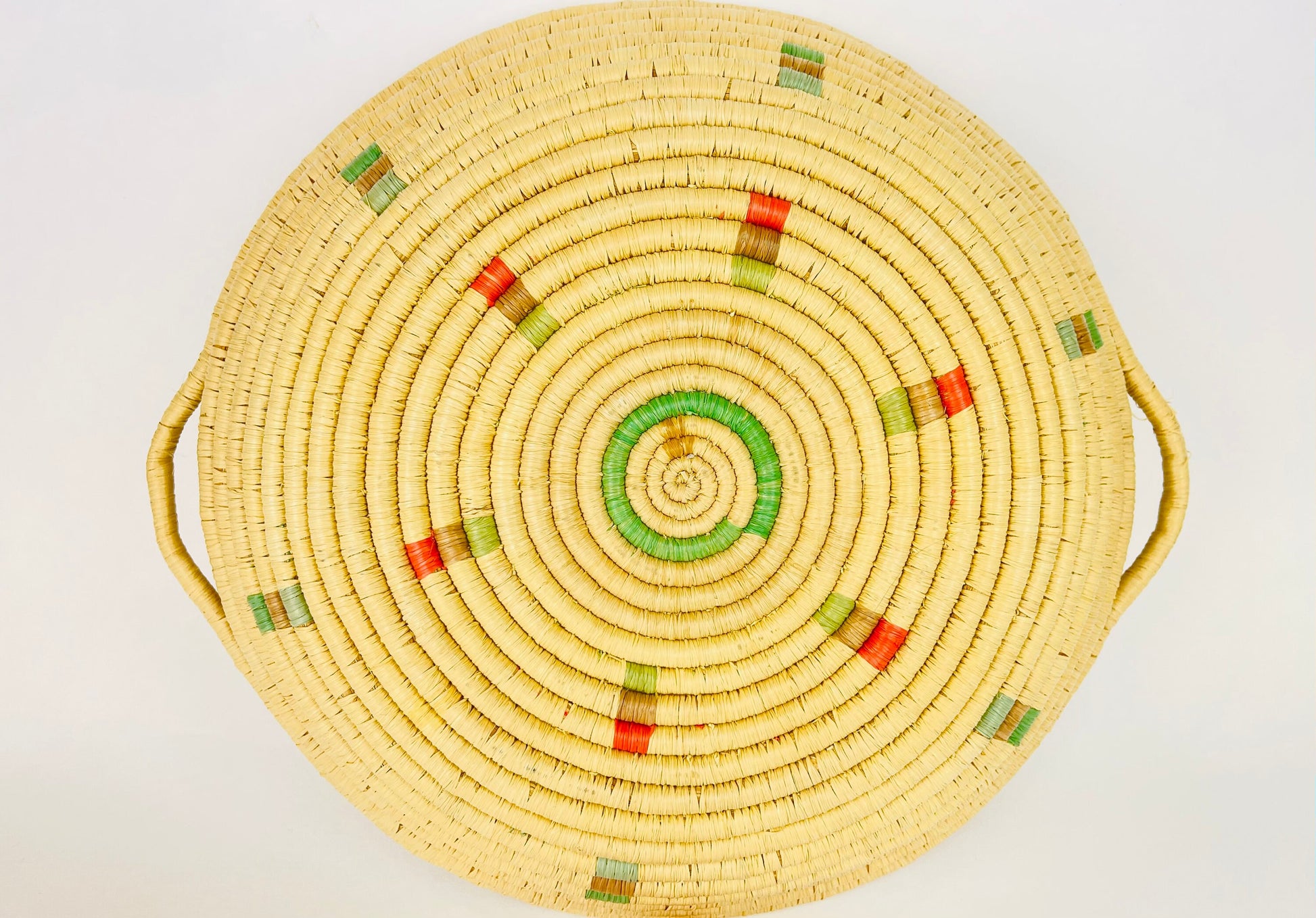 Product image for 'vintage 1990s pastel boho woven rattan bowl handled basket tray pink green blue' (view a0fd3a)