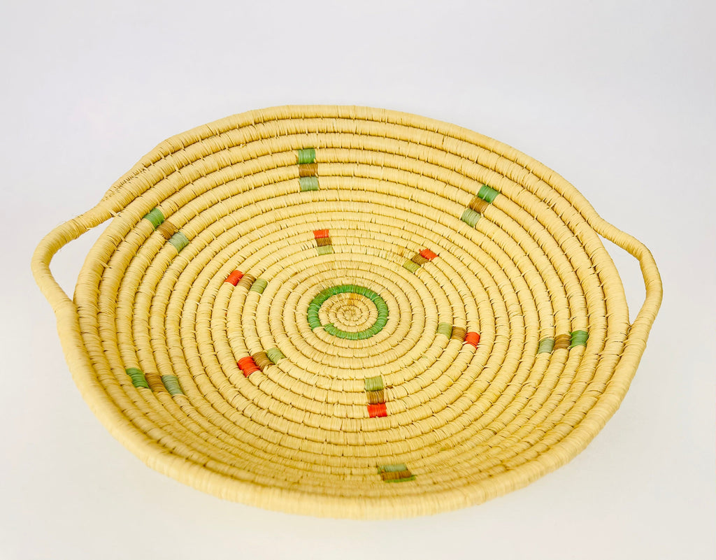 Product image for 'vintage 1990s pastel boho woven rattan bowl handled basket tray pink green blue' (view 534cab)