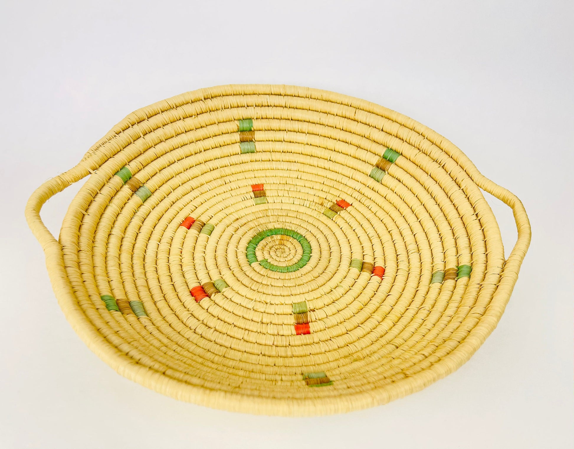 Product image for 'vintage 1990s pastel boho woven rattan bowl handled basket tray pink green blue' (view 534cab)
