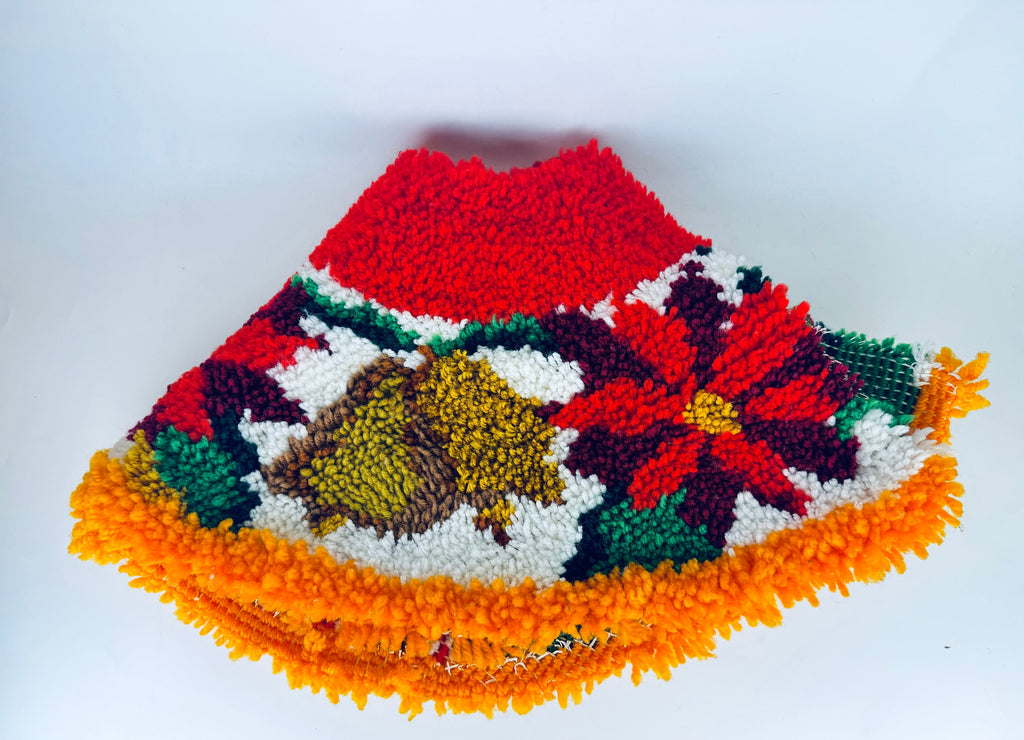 Product image for 'vintage handmade latch hook crocheted christmas tree skirt red poinsettia golden bell pattern' (view 81dd46)
