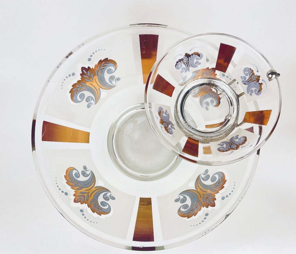 Product image for 'vintage glass chip n dip bowl set gold white fleur de lis pattern' (view 213a84)