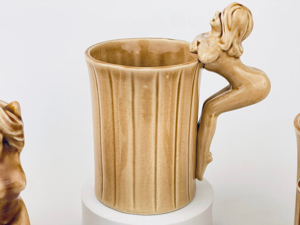 Product image for 'vintage risque nude woman striped brown ceramic mug shafford japan sold individually groomsmen barware gift' (view 12234b)