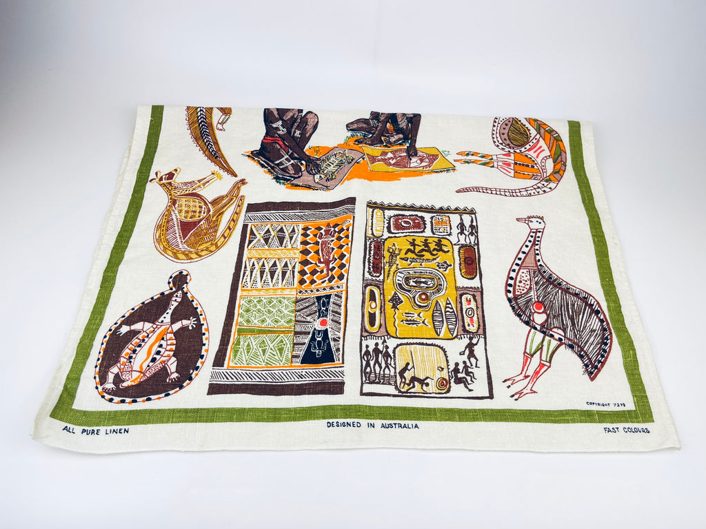 Product image for 'vintage australian aboriginal paintings carvings tea towel all pure linen statement towel australian souvenir designed in australia' (view ed5ebf)