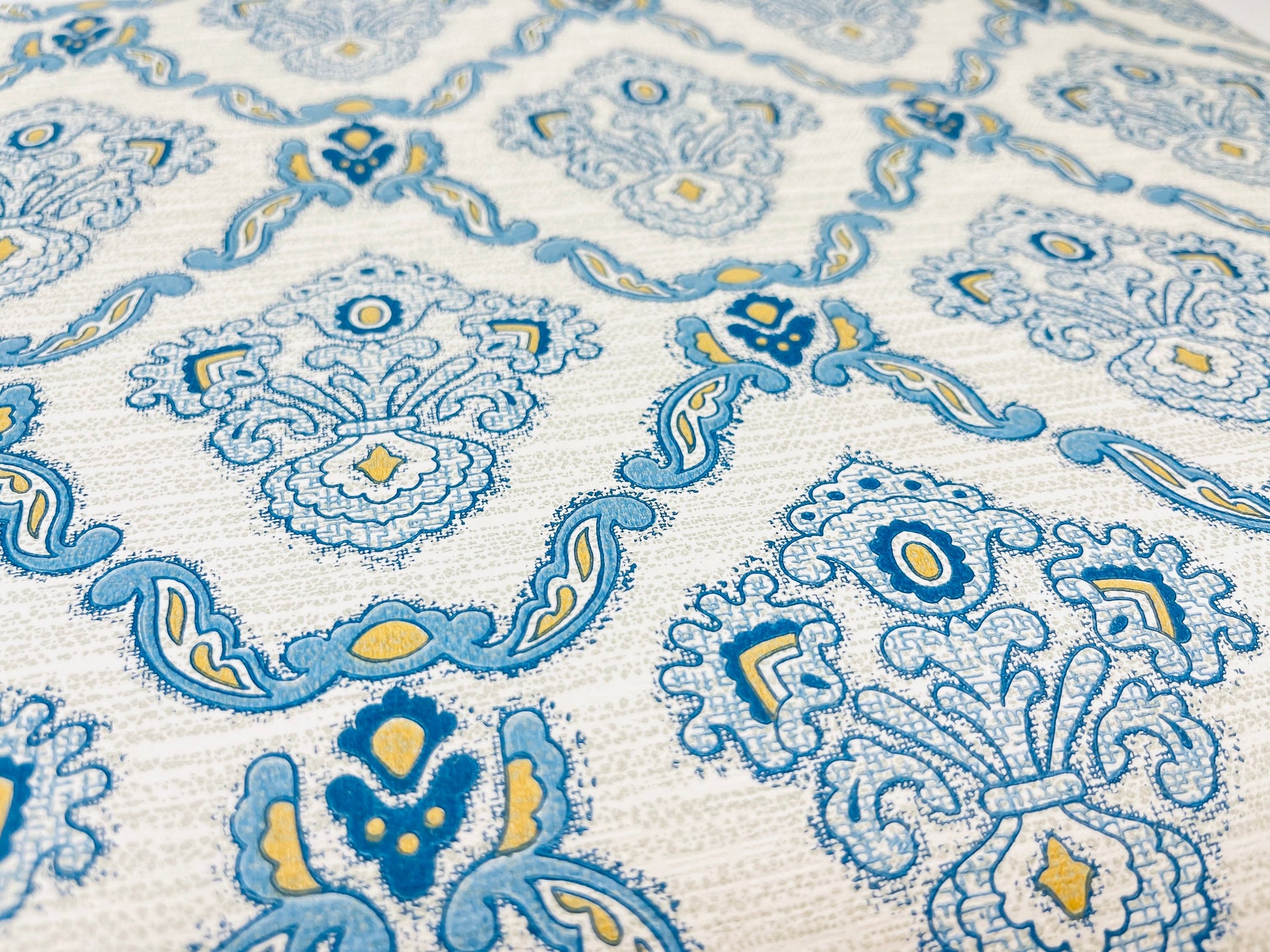 Product image for 'vintage 1970s blue beige damask wallpaper lightly textured 21 x 55 ideal for crafts upcycling' (view c045c3)