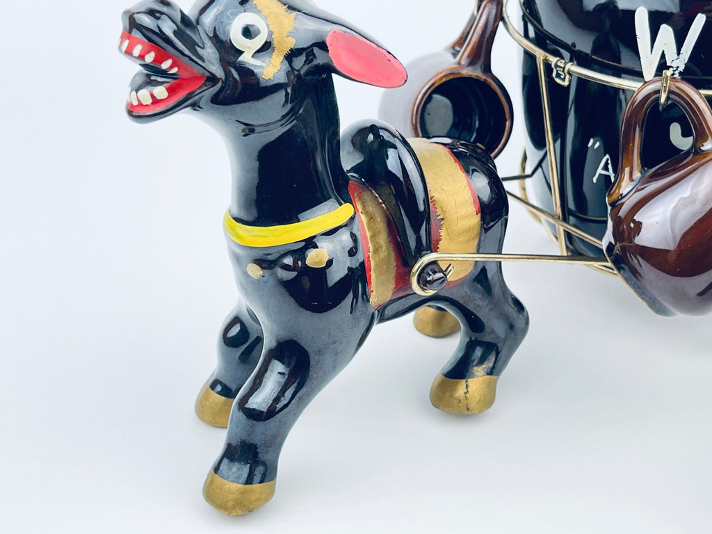 Product image for 'vintage red clay donkey moonshine decanter shoot glass barware set set of six 6 made in japan wild cat juice aged in the wild' (view 51317e)
