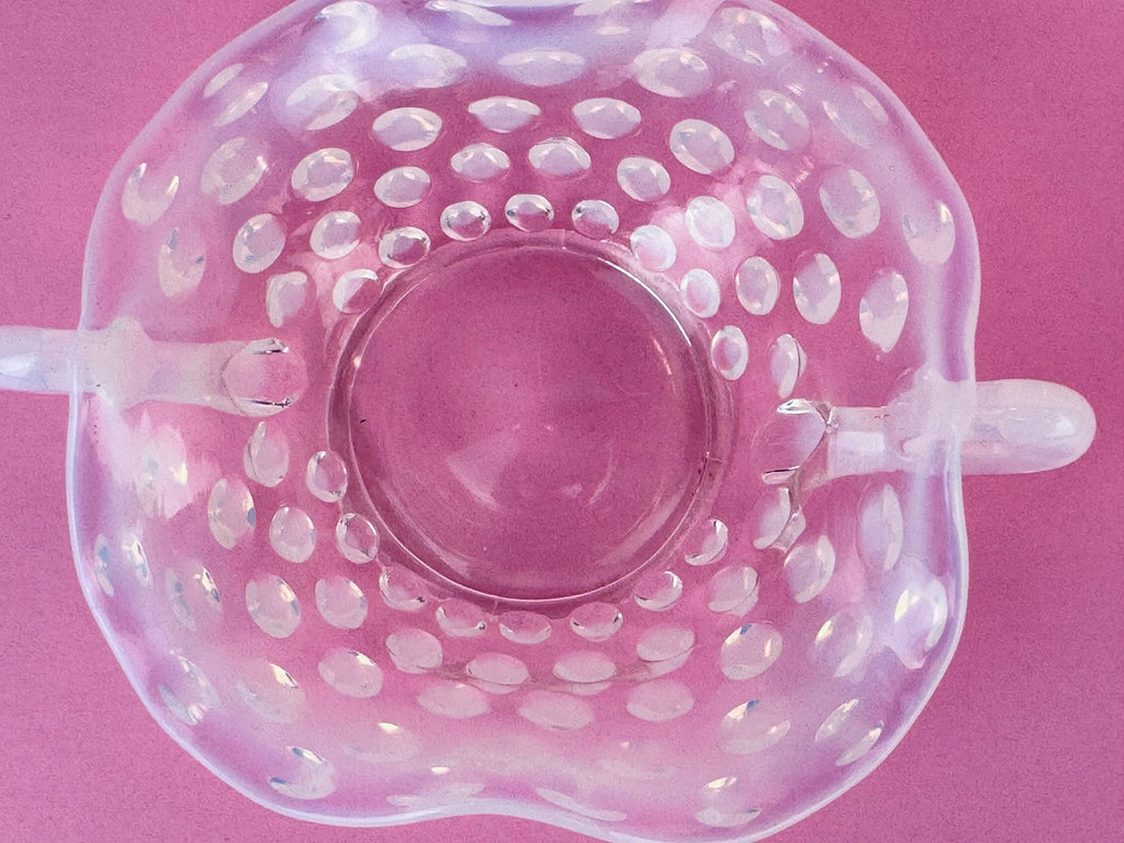Product image for 'vintage fenton moonstone hobnail glass dish 1940s opalescent ruffled trinket bowl with handles' (view 0da25e)
