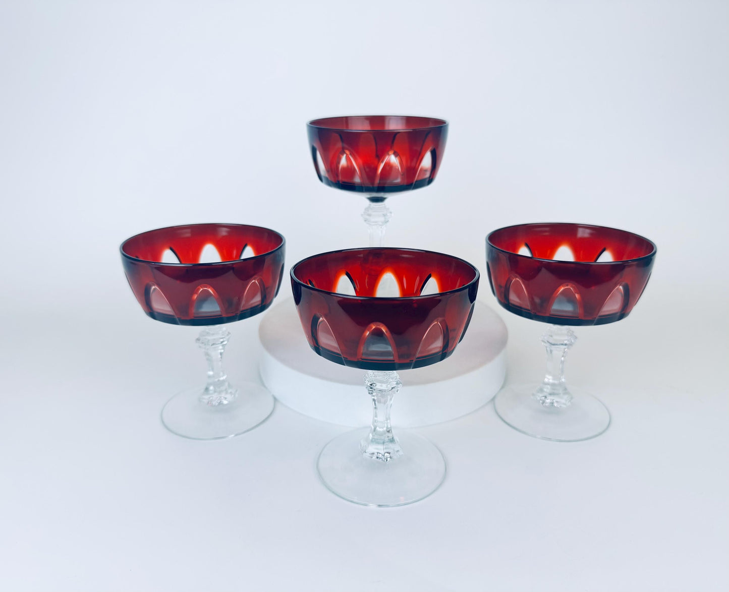 Product image for 'vintage cristal darques ruby red crystal champagne glasses mid century modern barware set of four 4 made in france' (view 1d0535)