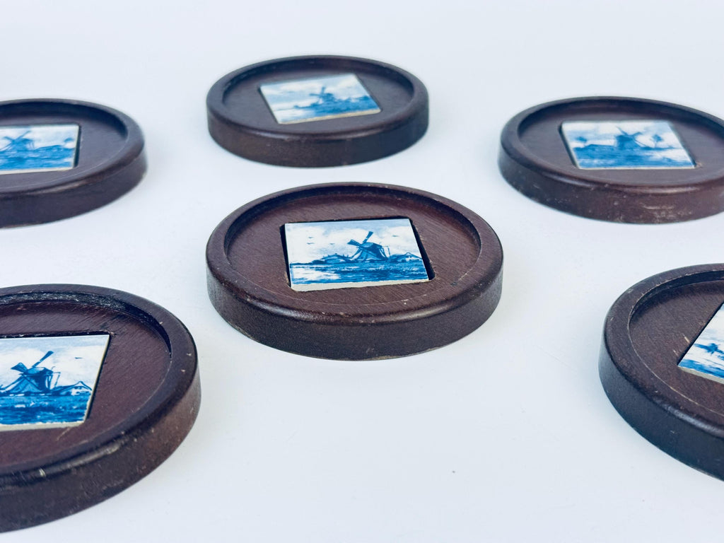 Product image for 'vintage delft windmill blue white coaster set wood ceramic inlay set of six 6' (view 226146)