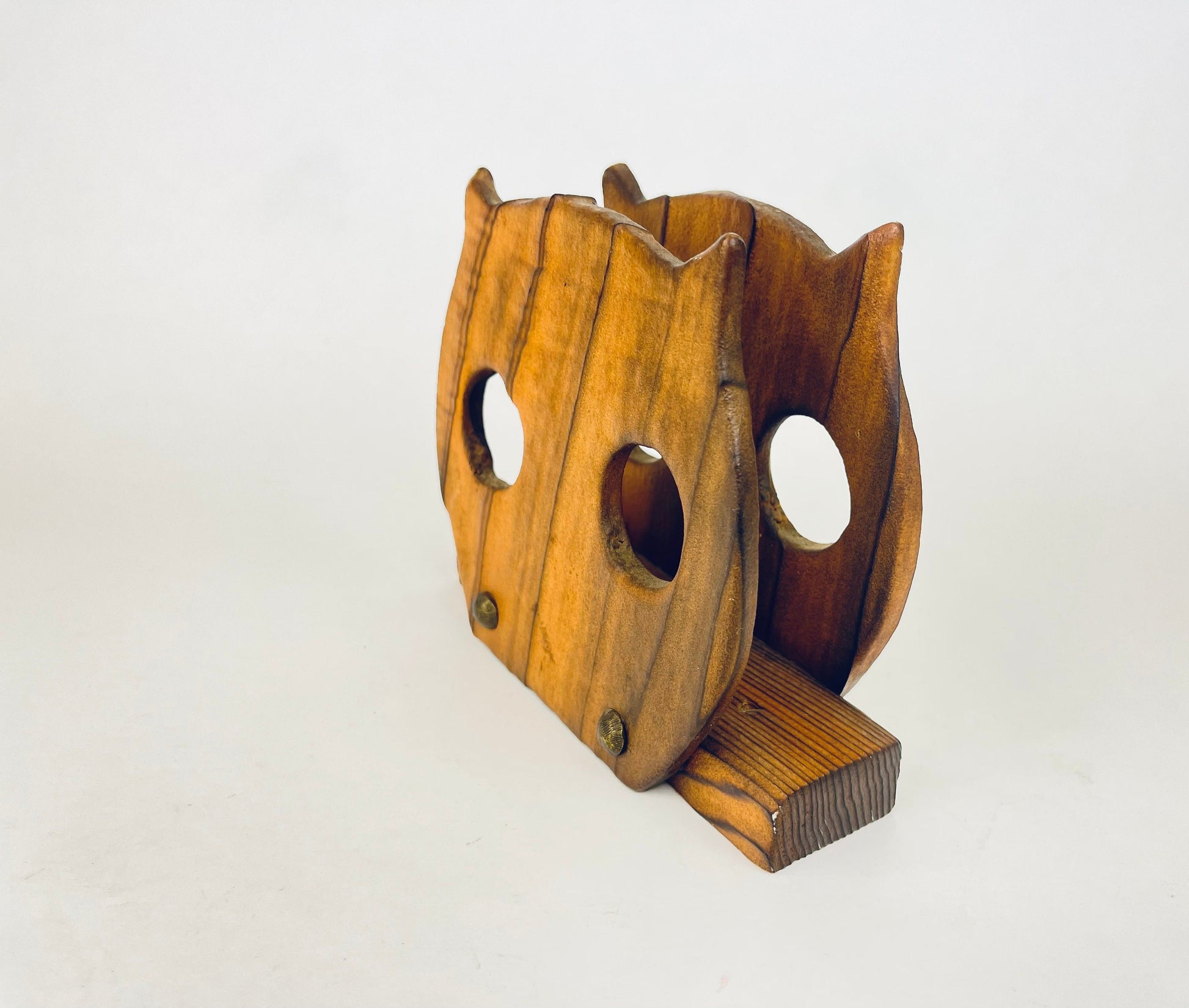 Product image for 'vintage wood owl napkin file holder textured wood grain metal rivets' (view 0fa73e)