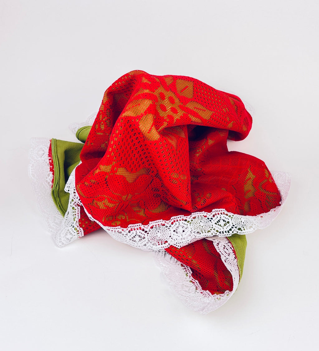 Product image for 'vintage christmas table runner poinsettia bells red green white lace pattern 16 5 x 44' (view ec9eb6)