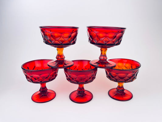 Product image for 'vintage ruby red heavy pressed glass dessert champagne glassware set of five 5 perspective by noritake made in japan' (view b026da)