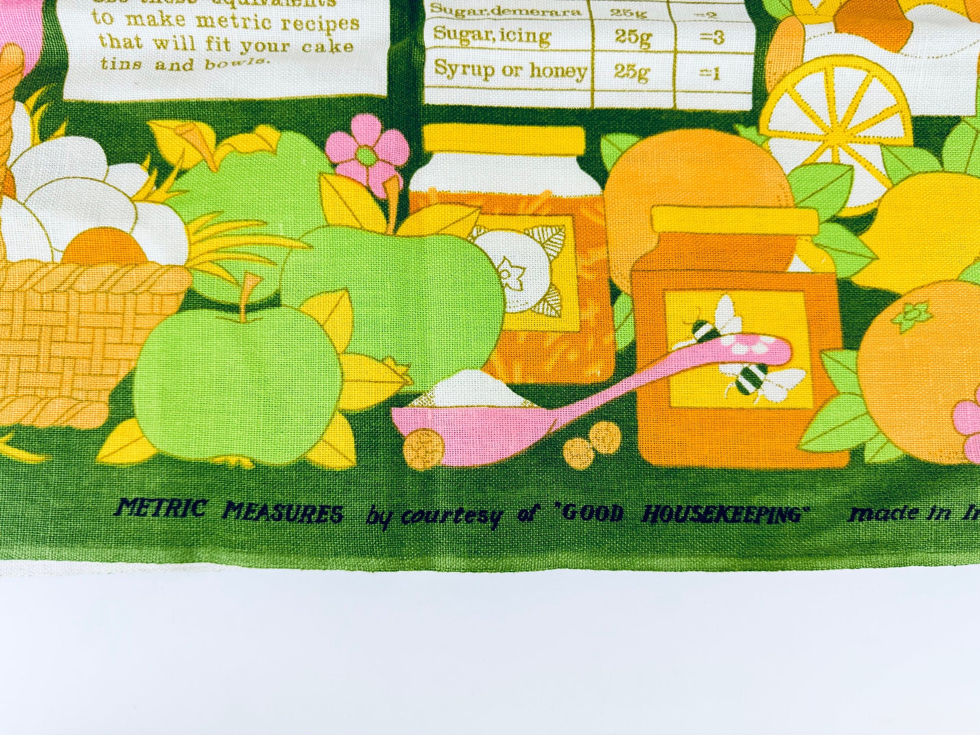 Product image for 'vintage old bleach measuring in metrics good housekeeping linen towel kitchen statement towel tapestry made in ireland' (view c1649b)