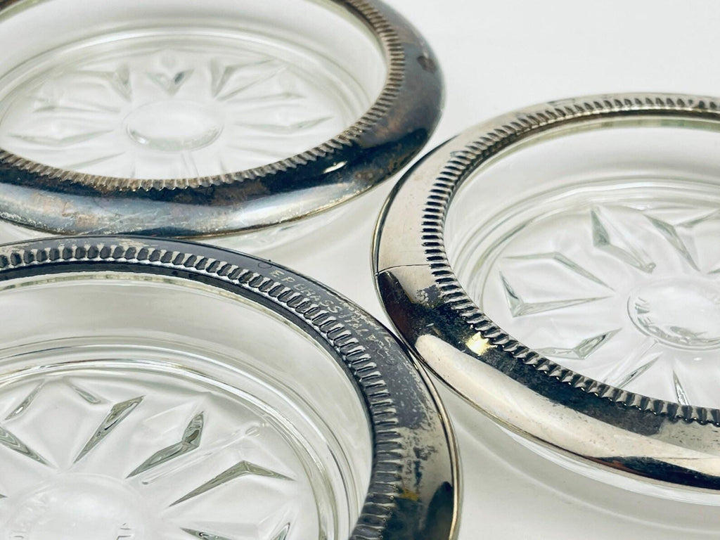 Product image for 'vintage glass silver plated coaster set set of three 3 floral sunburst pattern made in italy' (view fce233)