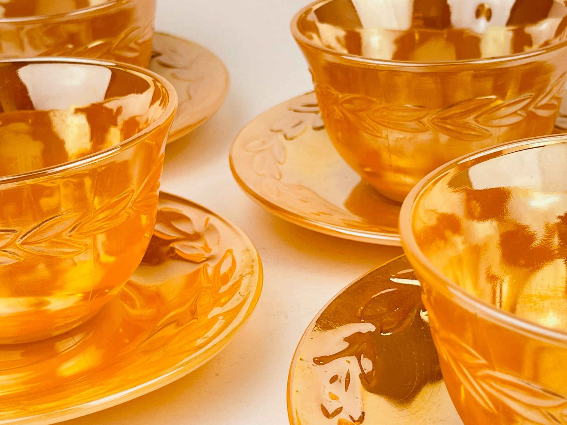 Product image for 'vintage peach lustreware laurel leaf tea cup saucer set replacement anchor hocking fire king made in usa' (view afa7bb)