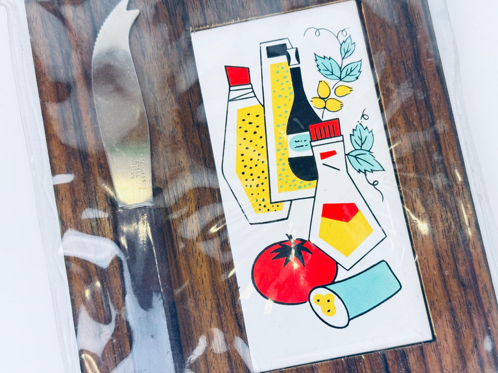 Product image for 'vintage 1970s mid century modern wood tile cheese board with stainless steel knife japan charcuterie serving tray' (view 566b3a)