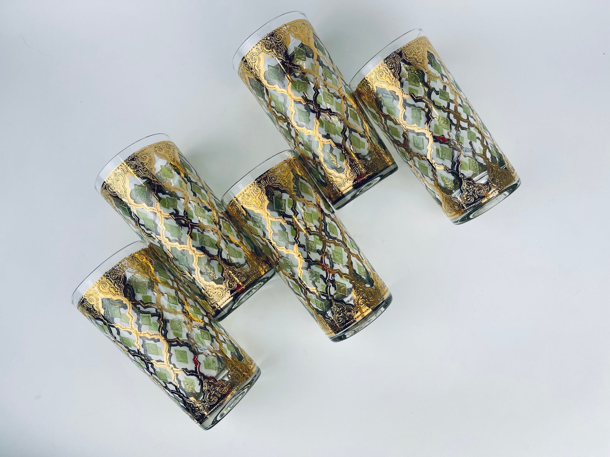 Product image for 'vintage culver tyrol valencia 22 kt gold emerald green diamond pattern barware glasses set of five 5 barware gift' (view 54fe44)