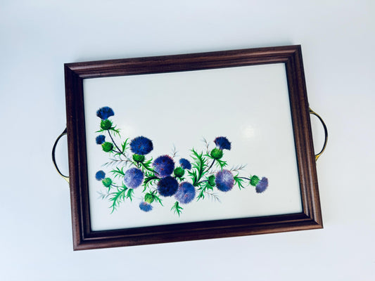Product image for 'vintage pimpernel purple scottish thistle floral pattern handled decorative tray acrylic top cork bottom made in england' (view ebe152)
