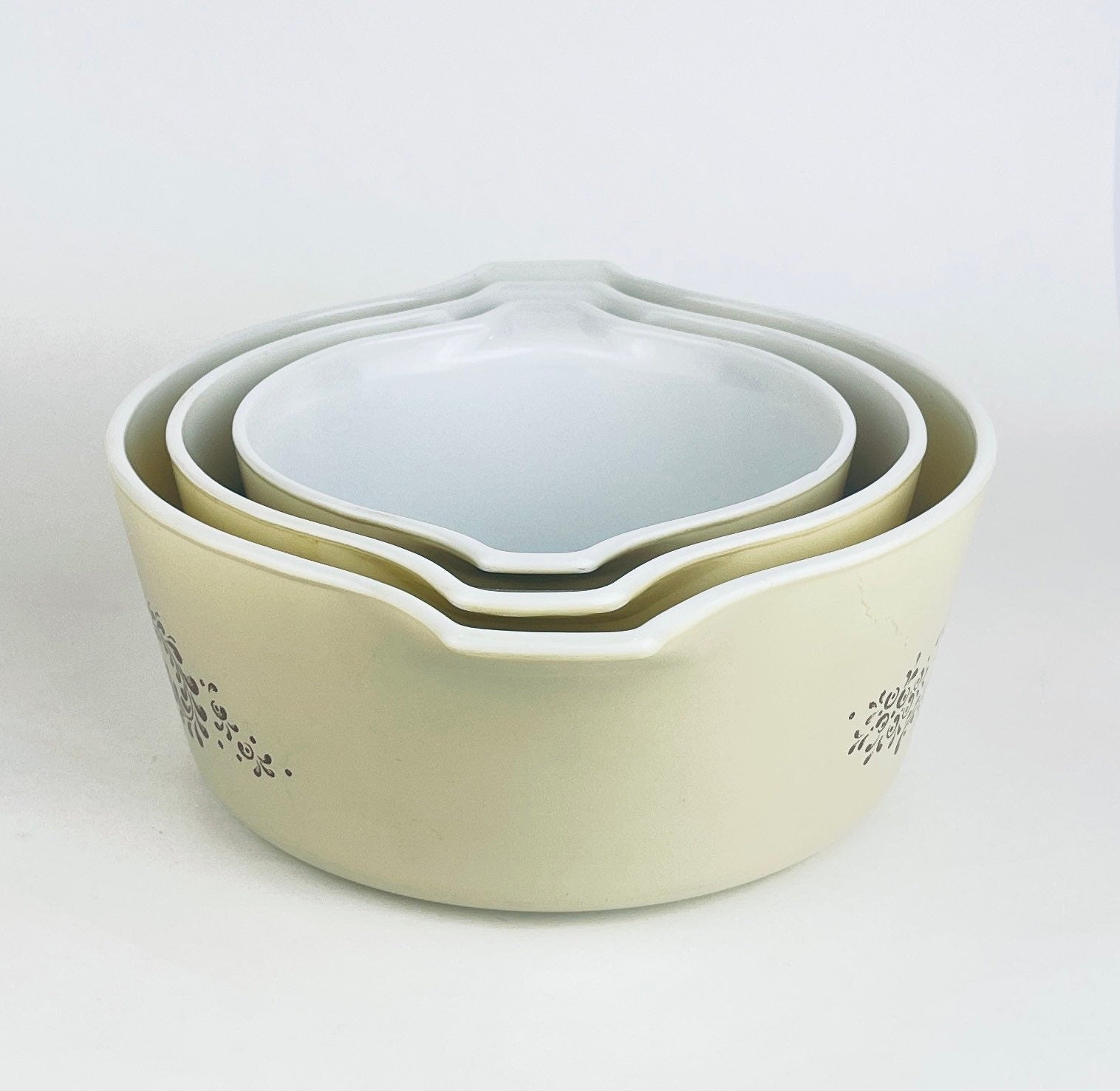 Product image for 'vintage homestead brown swirl pyrex cinderella casserole dishes sold separately' (view af64f2)