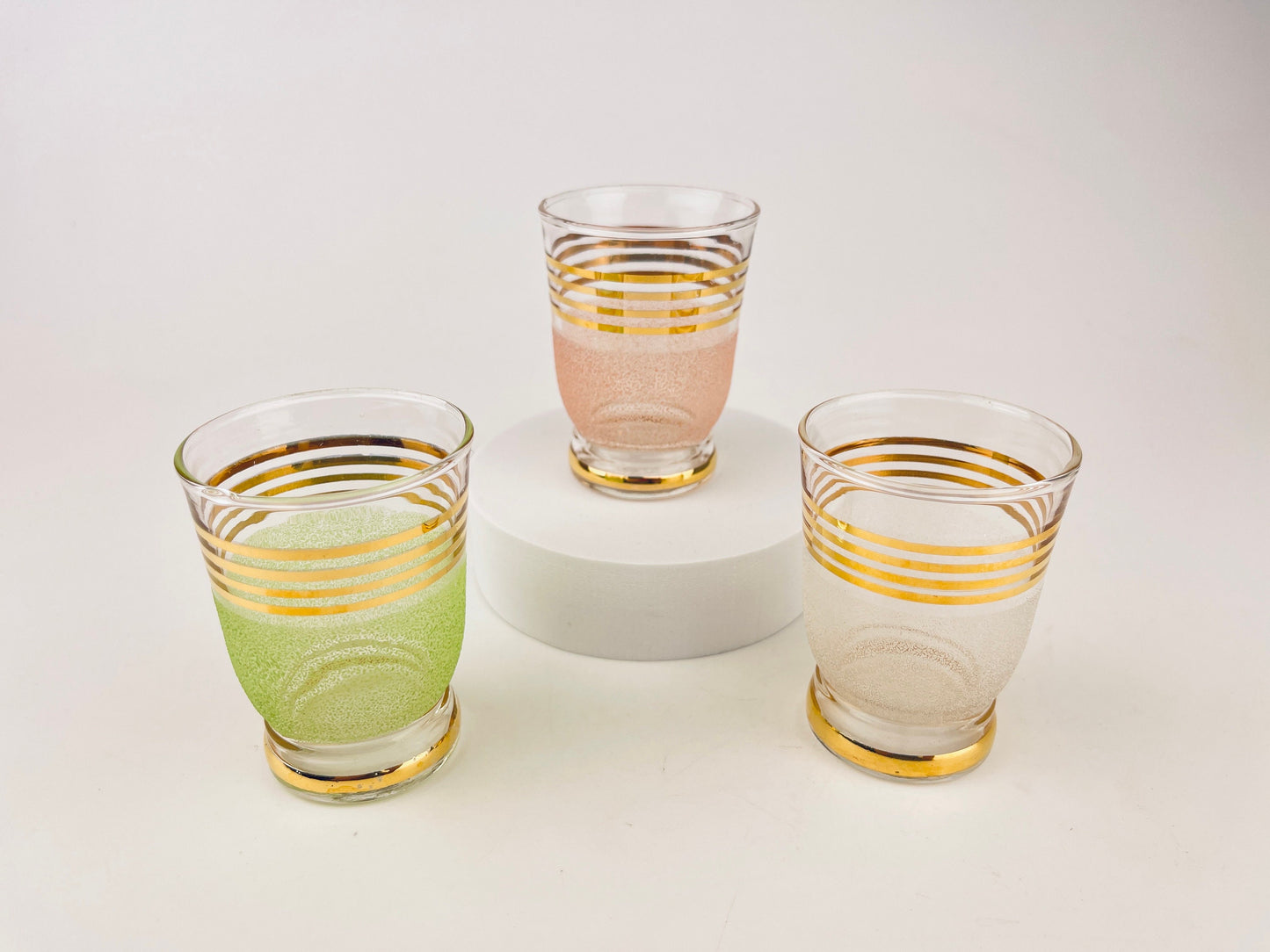 Product image for 'vintage gold striped sugar coated drinking shot glasses set of three 3 pink green white' (view 9ee46c)