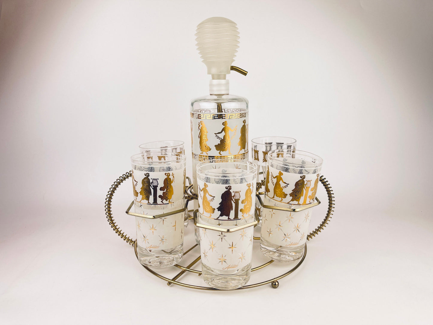 Product image for 'vintage rare aldon frosted white gold grecian gold atomic pattern barware set decanter six glasses barware gift' (view 2f8beb)