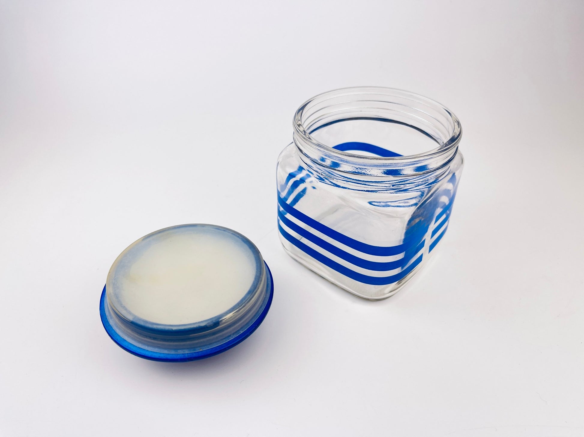 Product image for 'vintage 1980s blue striped glass jar with waffle lid airtight retro kitchen storage' (view 7f6aa0)