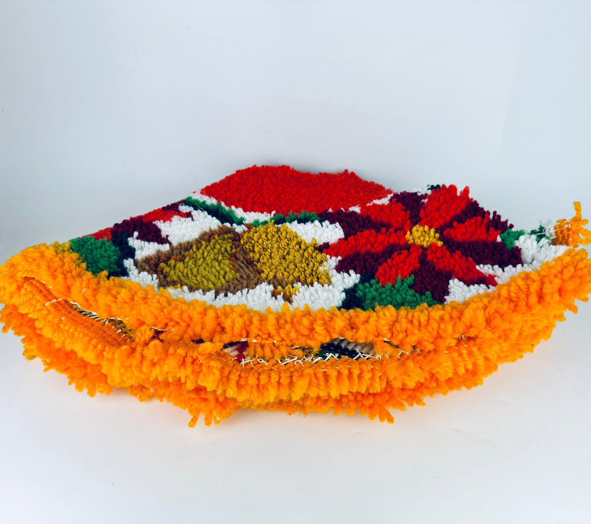 Product image for 'vintage handmade latch hook crocheted christmas tree skirt red poinsettia golden bell pattern' (view 94abfc)
