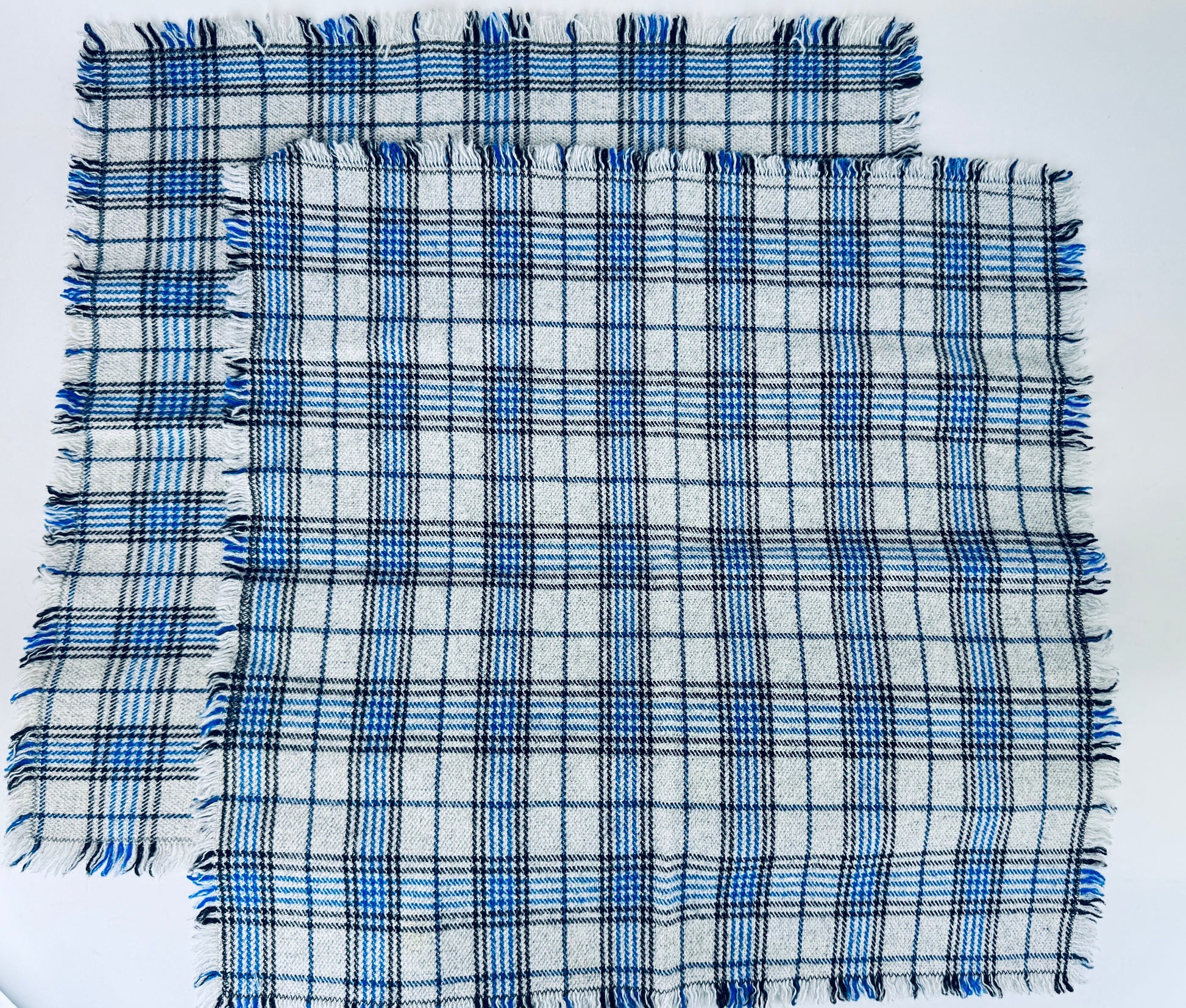 Product image for 'vintage black blue plaid grey wool fringe square place mats set of two 2' (view 9195ec)