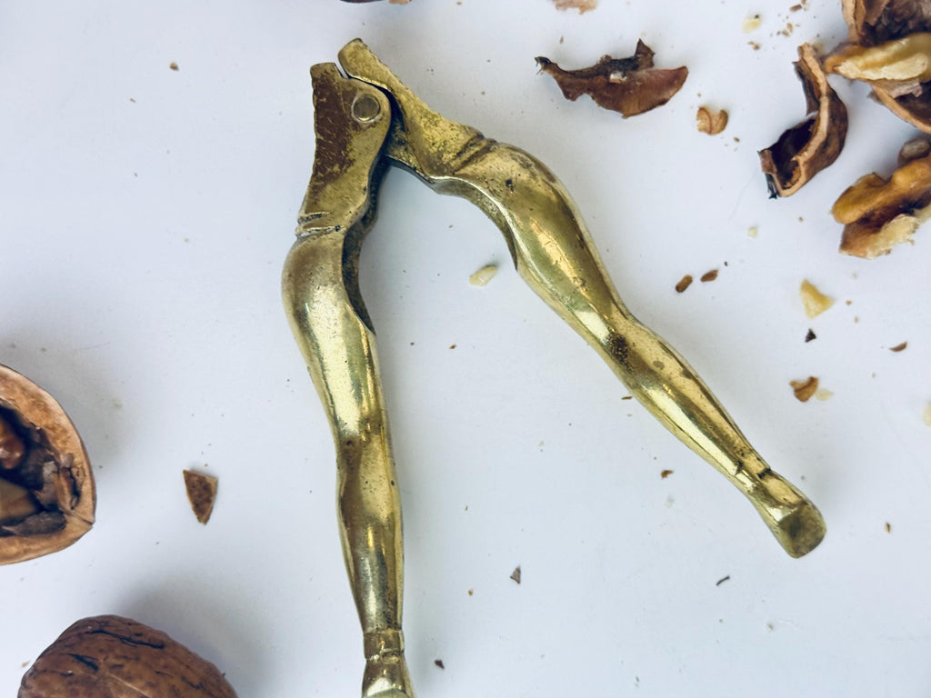 Product image for 'mid century brass leg nutcracker 1960s vintage brass kitchen gadget sculptural hand held nut cracker' (view b12eda)