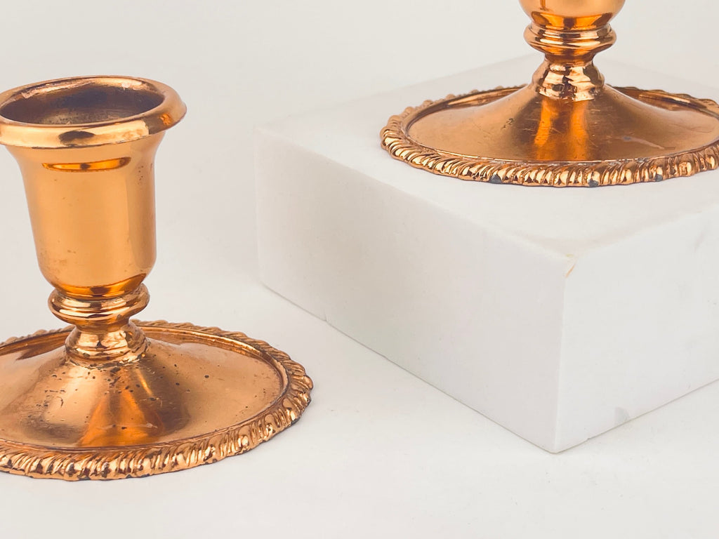 Product image for 'vintage copper plated candlestick holders set of two 2 coronet plate e p lead attractive aged metal patina' (view a7a74b)