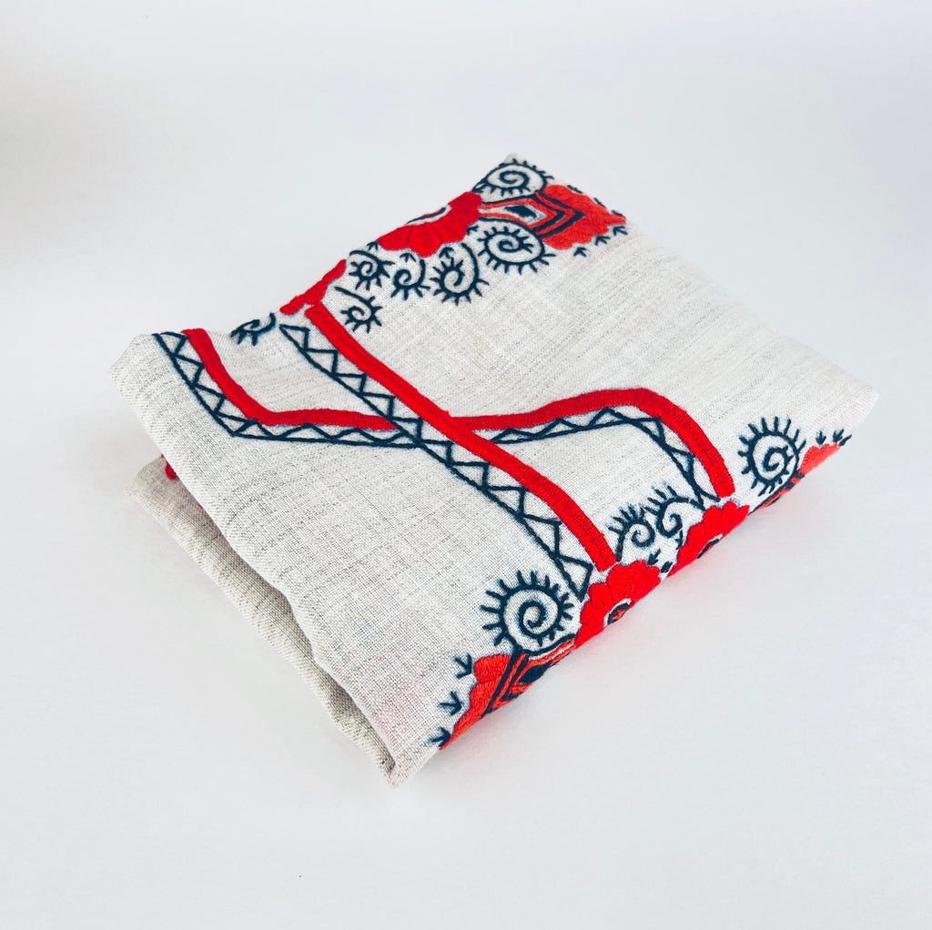 Product image for 'vintage embroidered table runner linen red black floral red stitch fringe' (view e7202c)