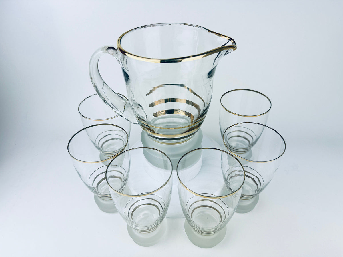 Product image for 'vintage gold striped frosted glass decanter glassware barware set six 6 glasses' (view d13962)