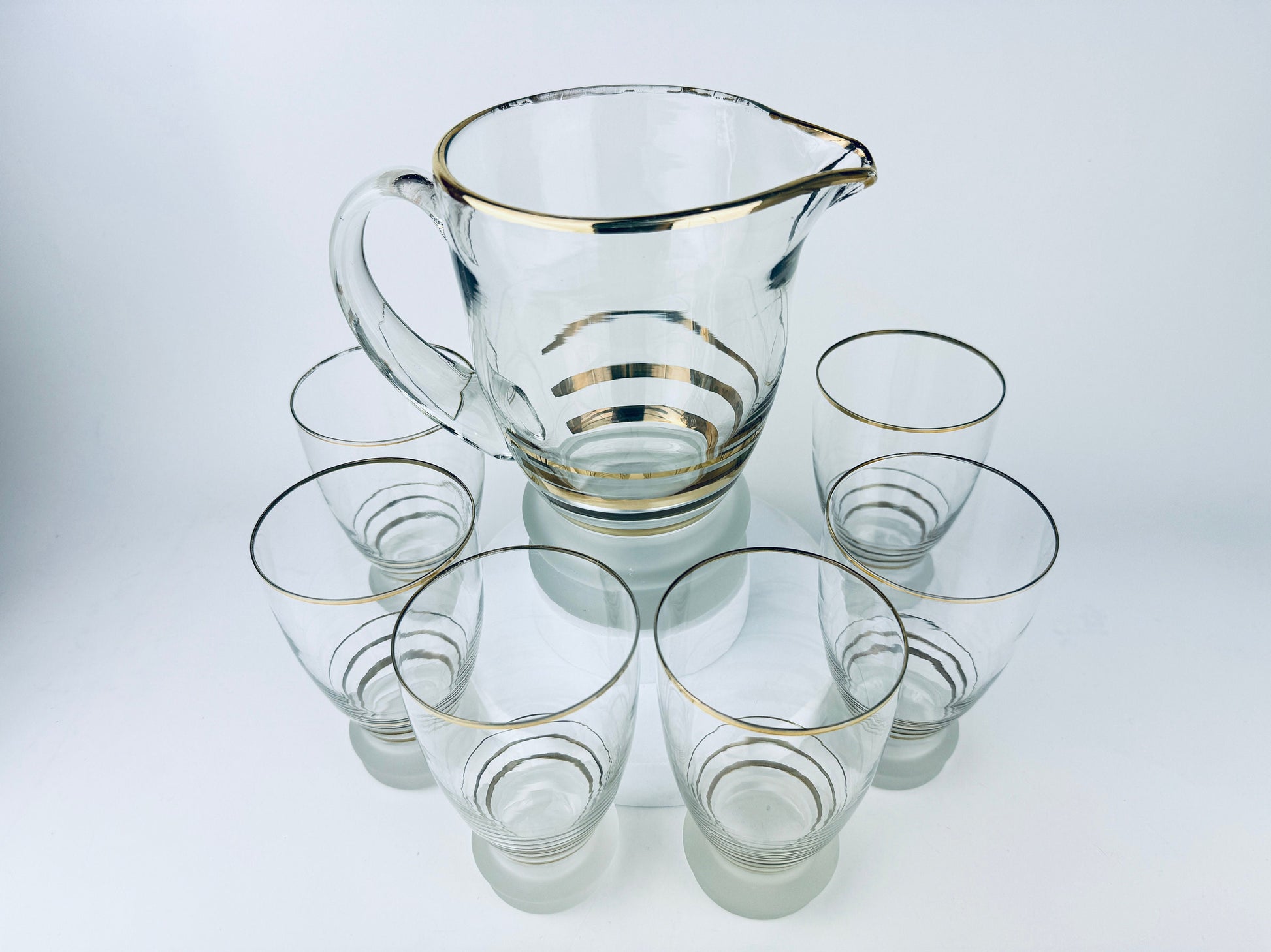 Product image for 'vintage gold striped frosted glass decanter glassware barware set six 6 glasses' (view d13962)