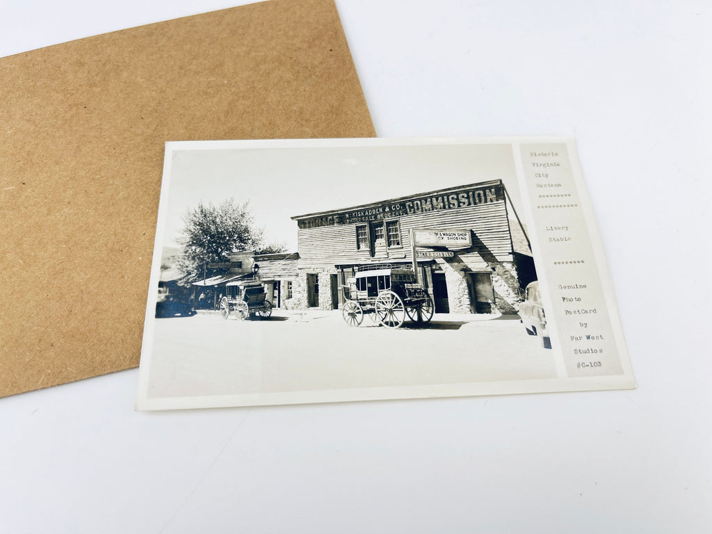 Product image for 'vintage historic virginia city montana postcard livery stable far west studios mountain city black white' (view f334dc)